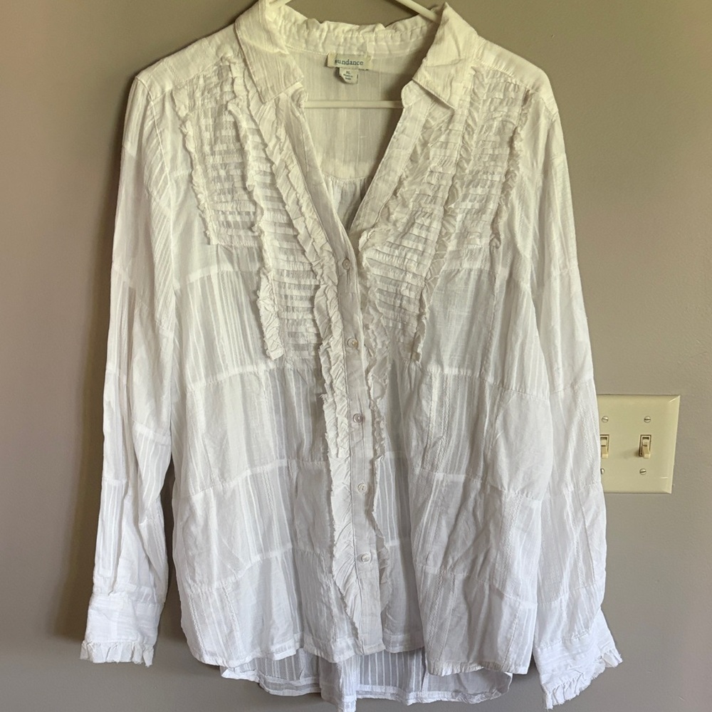 Sundance White Ruffle-Front Button Down Shirt